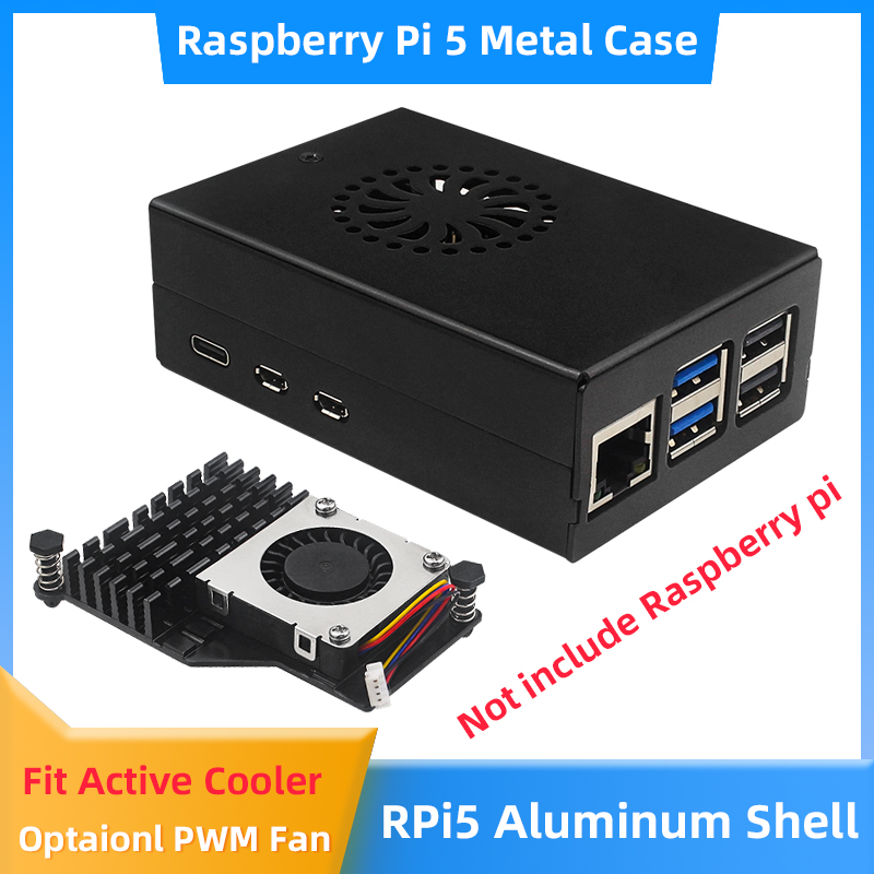 Pi Power Supply - Raspberry Pi 5 กรณีอลูมิเนียมโลหะสีดําอุปกรณ์เสริม Active Cooler